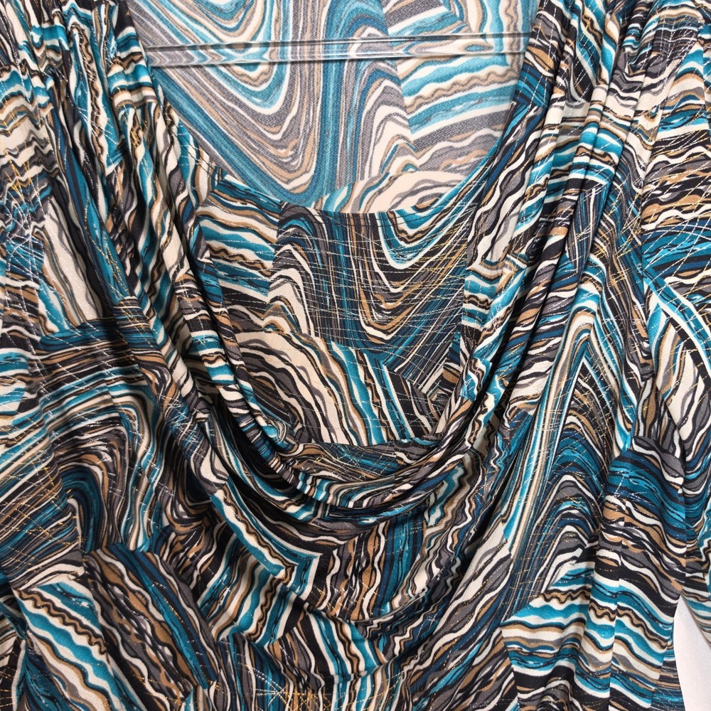Dressbarn Blouse Womens 1X Blue Brown Abstract Swirl Boho Whimsical Metallic - Picture 9 of 13